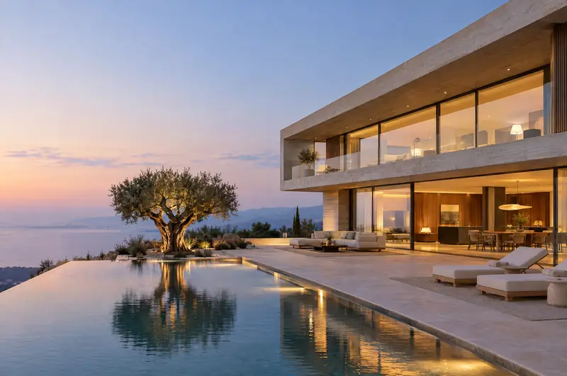 Casa de concreto y vidrio al atardecer, con piscina y un olivo