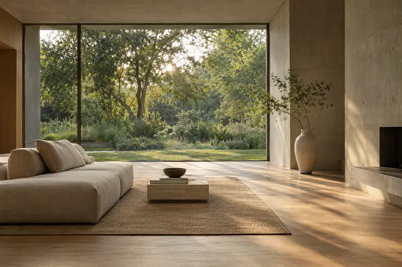 Sala minimalista con un ventanal hacia el jardín